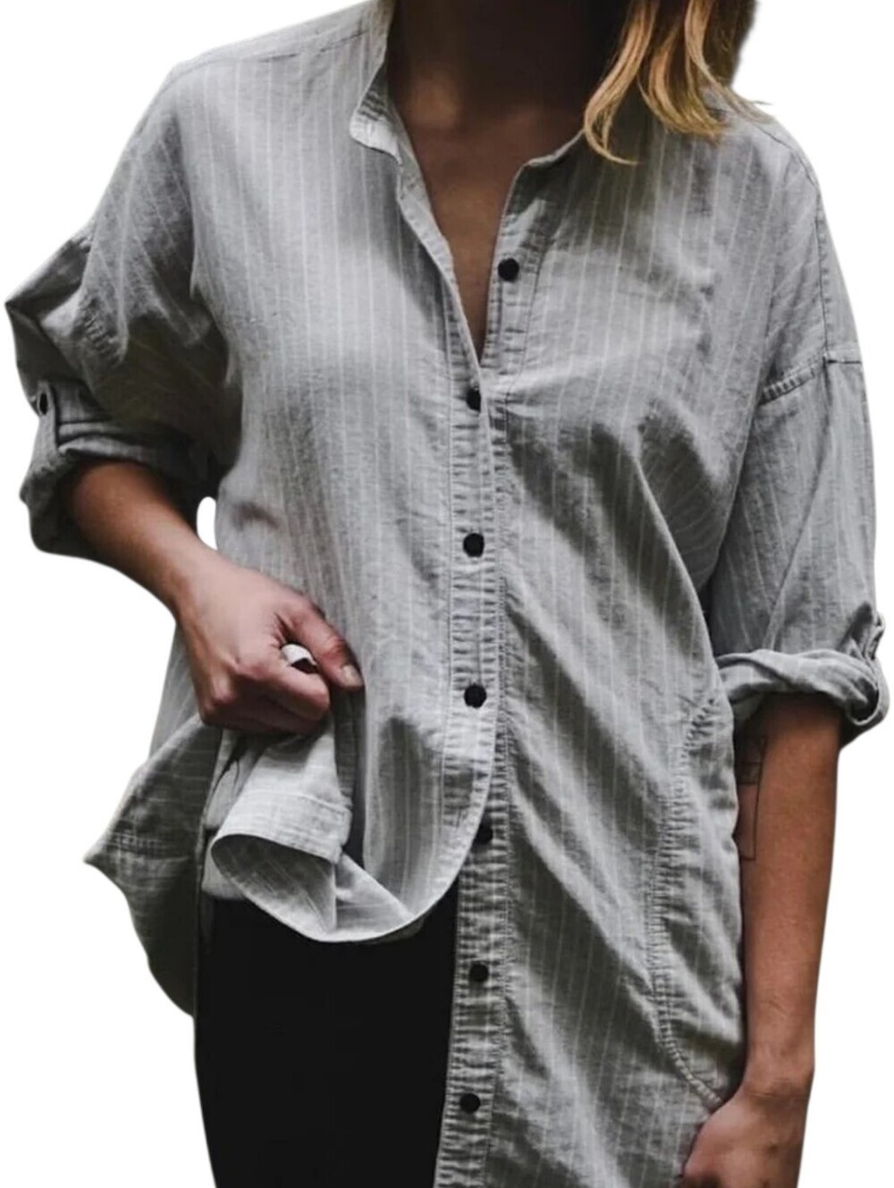 Line & Tow Striped Button Down Shirt Small Blue White Longline Cotton